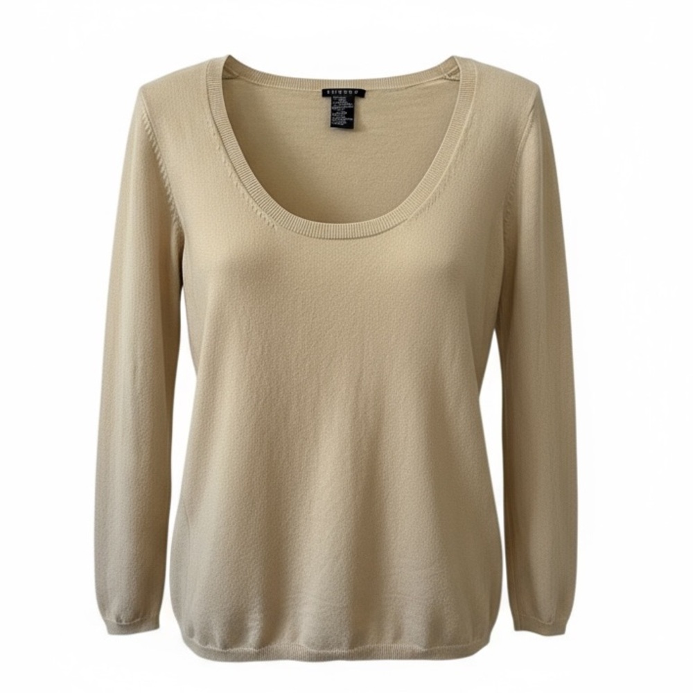 Theory Beige Scoop Neck 3/4 Sleeve Wool Blend Knit Sweater Size Medium